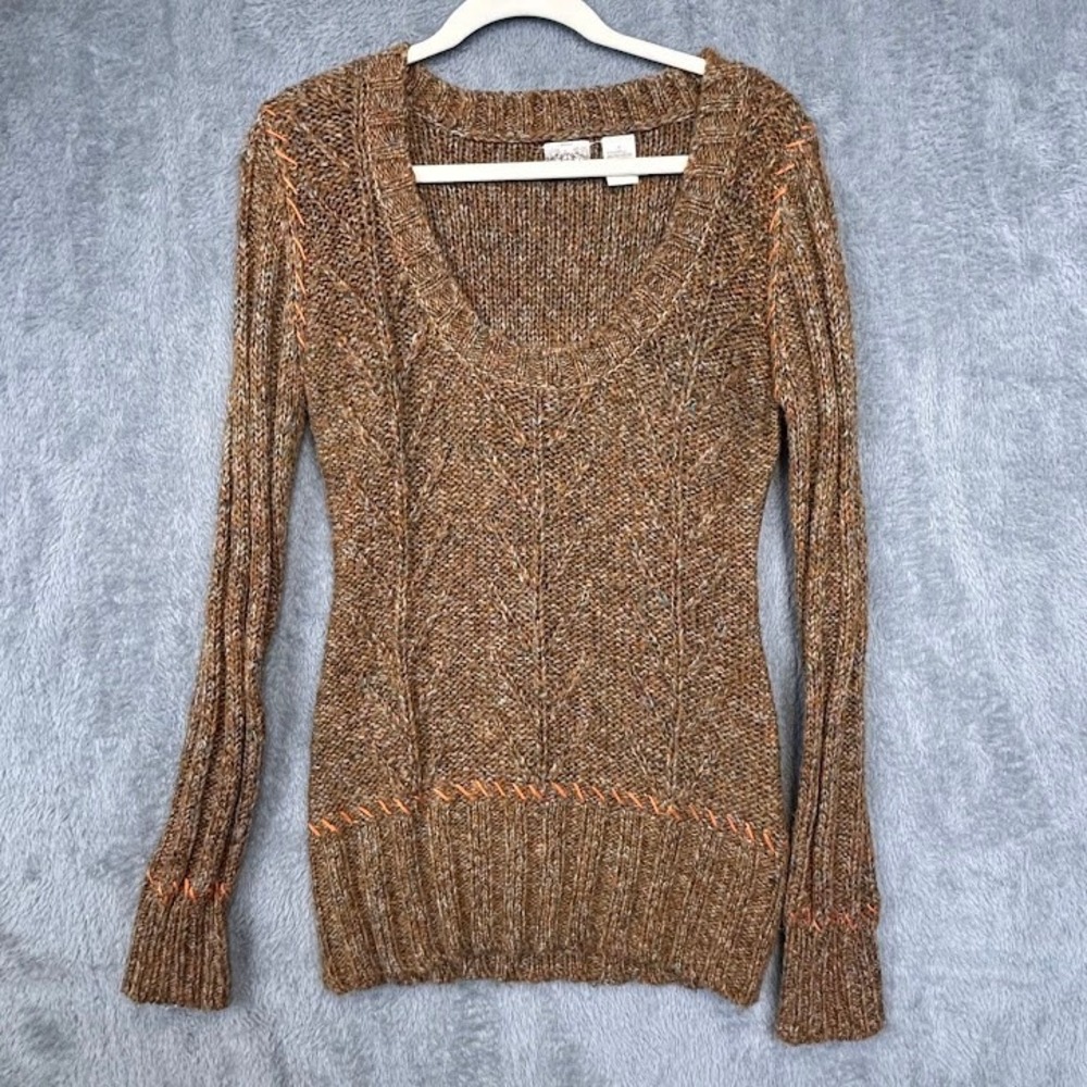 BKE Womens Brown Marled Cable Knit Scoop Neck Sweater Whipstitch Detail Size M